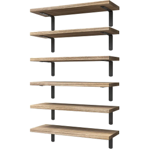 WOPITUES Wood Floating Shelves Set of 6, Shelves for Wall Decor, Farmhouse Shelf for Bedroom, Bathroom Storage Shelves, Book Shelves for Living Room - Rustic Brown