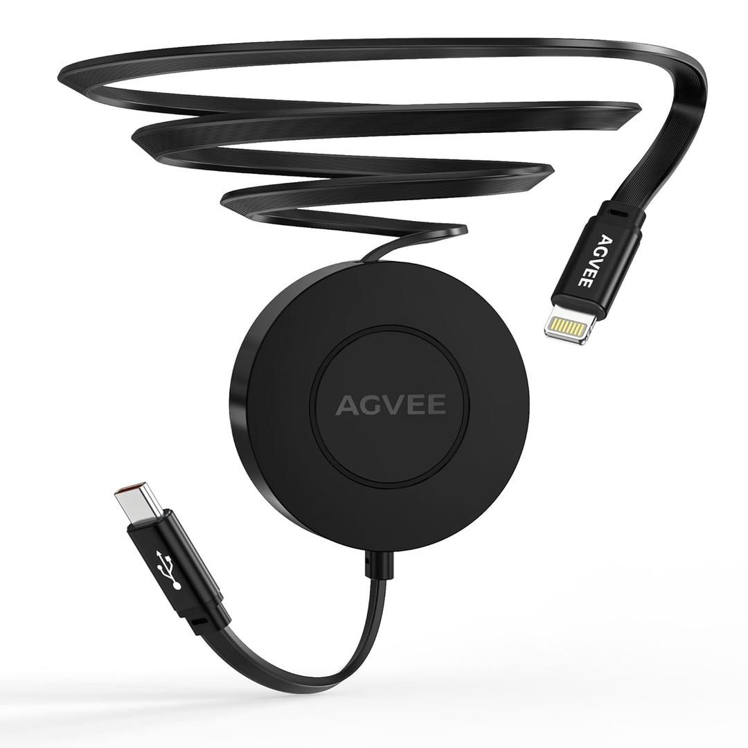 AGVEE 1ft Fixed / 2.3ft Extend USB-C to Lightning Charger Cable Mountable One Way Retractable 27W Fast Charging Cord, Pocket-Sized for iPhone 14 13 12 11 XS, Desk Organizer, Black