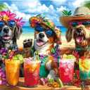 Puzzle 1000 Pieces Adult Tropical Dogs Beach Party Hawaiian Vacation Summer Cocktail Funny Animal Jigsaw Puzzles for Adults Difficult Challenging Family Game Night Gift Decor