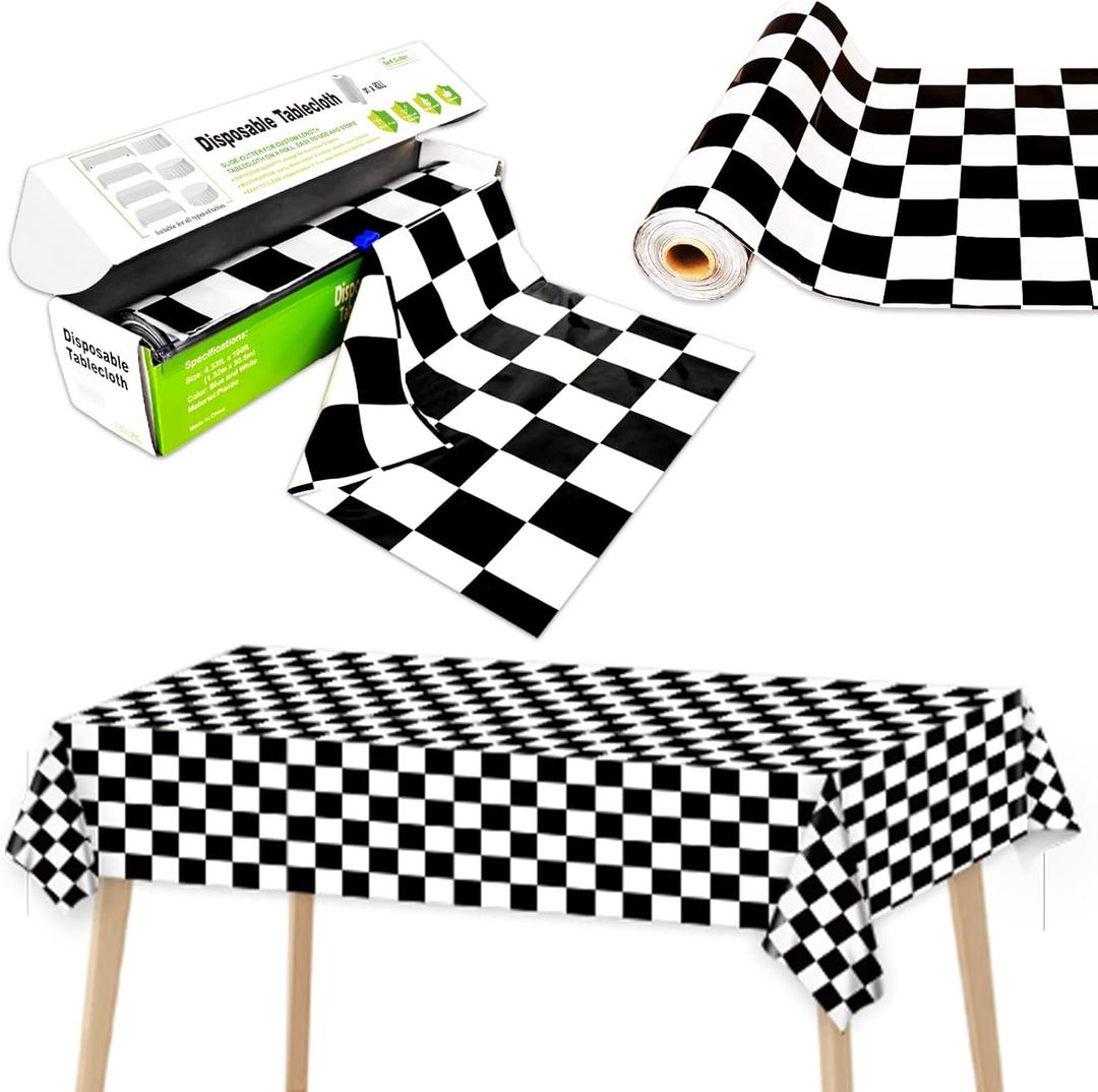 Black and White Checkered Tablecloth Roll 52 in x 100 Ft with Slide Cutter Black Checkered Table Cloth Roll Picnic Party Table Cover for Events Family Banquet Parties and Celebrations(Plastic)