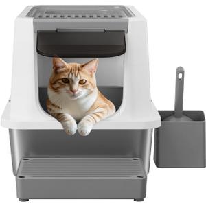 RIZZARI Stainless Steel Cat Litter Box, Odorless Enclosed Litter Box with Top Holes, Large Litter Pan for Small to Large Sized Cats (Dark Gray, 23.8" L*15.9" W*16.1" H)