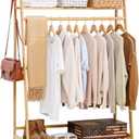 COPREE Bamboo Garment Coat Clothes Hanging Heavy Duty Rack with top Shelf and Shoe Clothing Storage Organizer Shelves