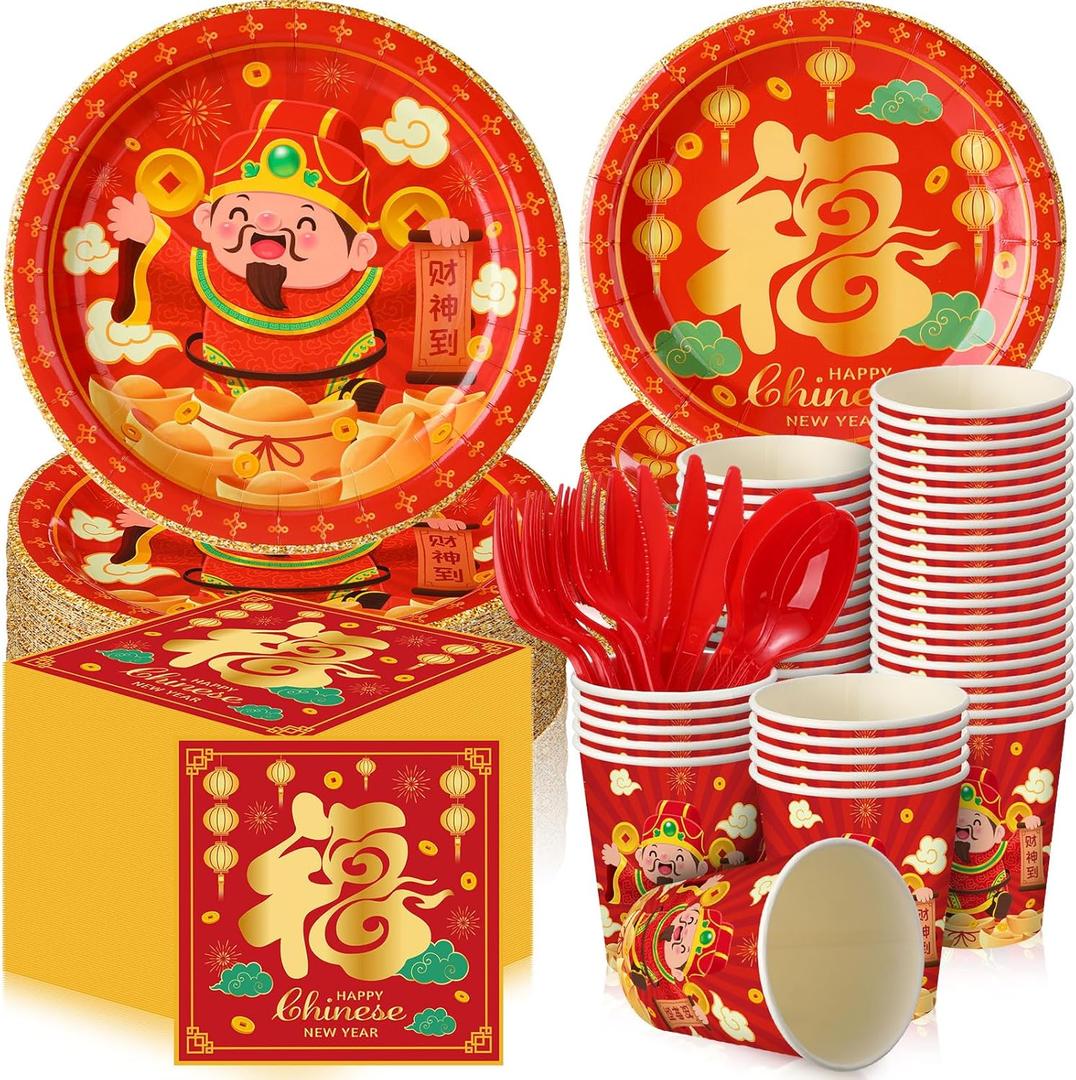 Domensi 180 Pcs Chinese New Year Party Supplies 2026 Plates Napkins Cups Serve 30 Happy New Year Party Disposable Paper Dinner Dessert Plates Lunar Years Paper Napkins Cups Plastic Cutlery Set(Funny)