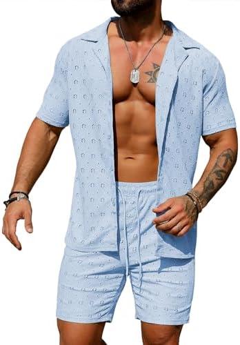 URRU Men's 2 Pieces Outfits Summer Beach Set See Through Sheer Short Sleeve Flower Lace Shirts and Shorts Sets, Medium