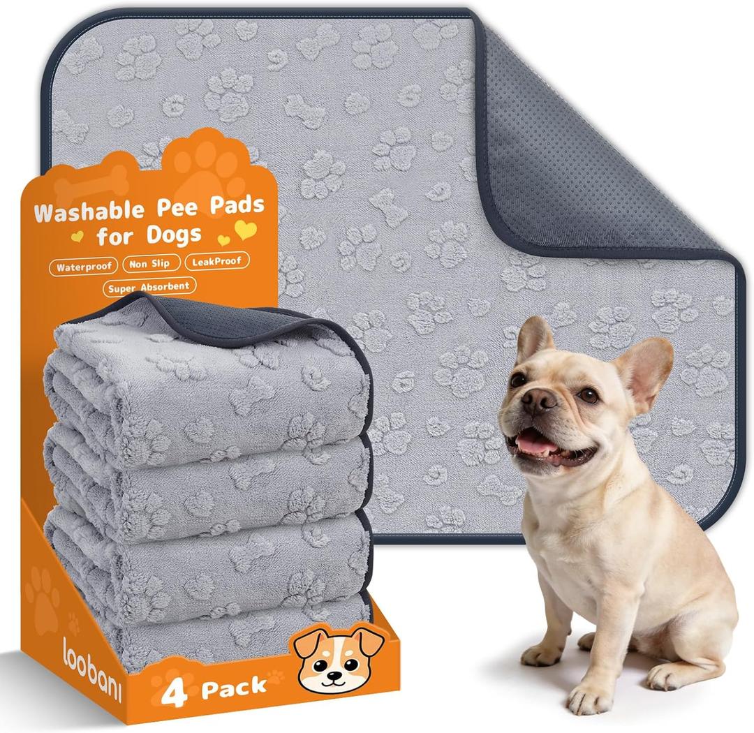 LOOBANI Washable Pee Pads for Dogs, 4 Packs Fast Absorbent Reusable Dog Mat, Non-Slip & Waterproof Pet Whelping Pads,Leak-Proof Puppy Pads for Puppy Playpen,Whelping Box,Potty Training(30"x34"-Gray) (Grey Dog Element)