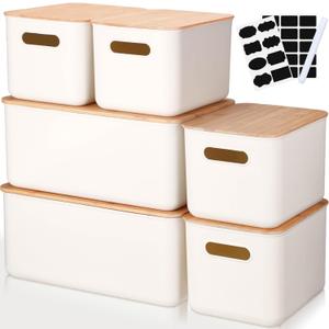 Suzile 6 Packs Plastic Storage Bins with Bamboo Lids Christmas Stackable Storage Containers for Xmas Decoration Ornaments Document Paper Organizing, with Labels and Marker(Multiple Size)