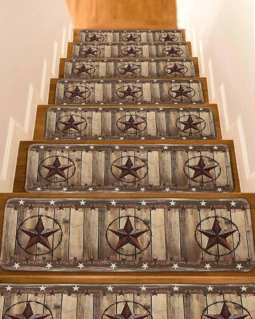 Stair Treads 8"x30"(15 pcs),Retro Texas Western Star on Wood Indoor Stair Runners Carpet Stair Tread,Country Farmhouse Wooden Non-Slip Staircase Step Treads for Kids,Elders,Pets (15 in Pack, brown)