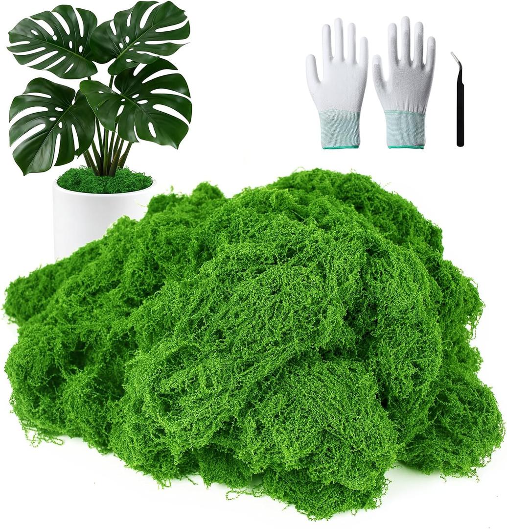 MGLIFEUL 12OZ Artificial Fake Moss for Crafts Plants Indoor with Non-Stick Gloves and TweezersPreserved Green Plant Faux Craft Moss Musgo for Fairy Garden Indoor Outdoor Home Decorating Model Making