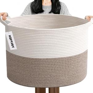 115L Extra Large Blanket Basket,Woven Rope Laundry Basket Hamper with Handles, Decorative Nursery Basket Storage Bin for Toys, Clothes Organizer, Living Room, Bedroom, Bathroom, White & Brown