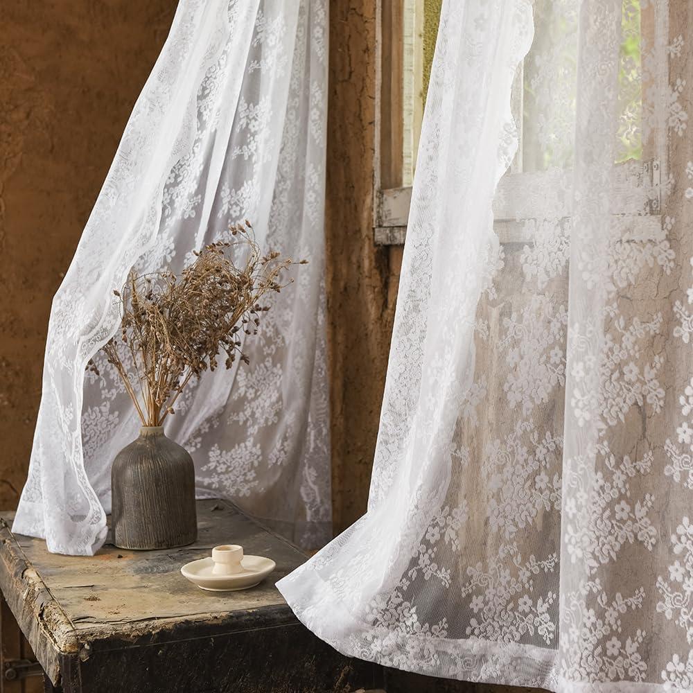 YJ YANJUN White Sheer Curtains - 108 Inch Long Set of 2 Embroidered Farmhouse Extra Long Floor to Ceiling Lace Voile Curtains for Patio Sliding Door Privacy (52"W x 108"L (Pack of 2), Bright White)