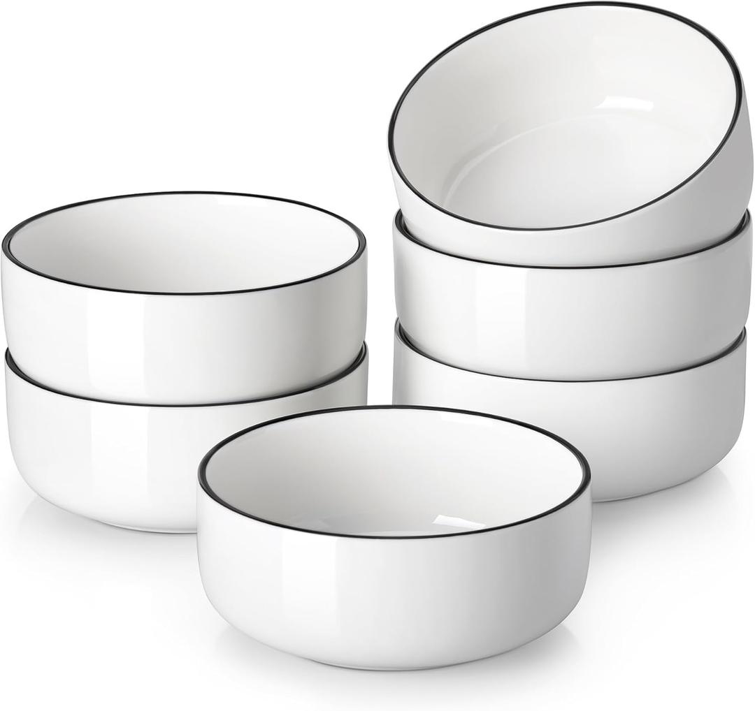 MALACASA 24 OZ Cereal Bowls, Porcelain Soup Oatmeal Bowls Set of 6, White Kitchen Ceramic Serving Bowl with Black Rim, Dishwasher Microwave Oven Safe, White, Series LUNA