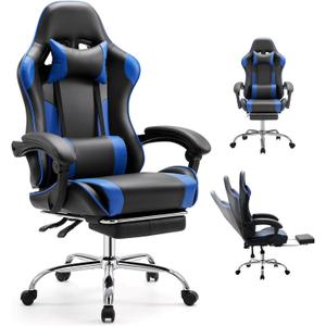 DUMOS Ergonomic Gaming Office Desk Chair with Linkage Armrests for Adults, Height Adjustable Computer Chair with Footrest and Headrest, PU Leather 360 Swivel Recliner with Lumbar Support, Deep Blue
