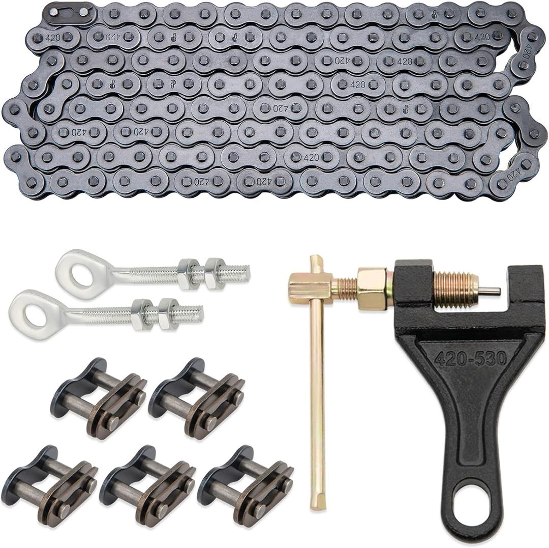 420 Motorcycle Chain 420 Standard Roller Chain 132 Link, 420 Drive Chain for 110 125cc Dirt Pit Bike ATV Quad Go Kart Scooter Mini Bike (with Chain Breaker +0.4" Chain Axle Adjuster)