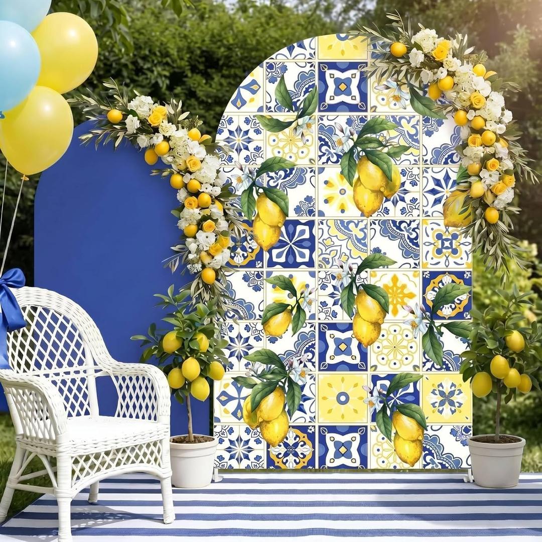 Leinuosen Set of 2 Mediterranean Lemon Arch Backdrop Blue Lemon Arch Backdrop Italian Coastal Wedding Background 5 ft and 6 ft Arched Stand Covers for Bridal Events Birthday Photo Booth