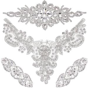 Geosar 4 Pieces Rhinestone Belt Applique Silver Wedding Crystal Rhinestone Trim Bridal Sequin Sash Applique Iron on Patch for DIY Crafting Women Prom Clothes Wedding Dress Decoration Headpieces
