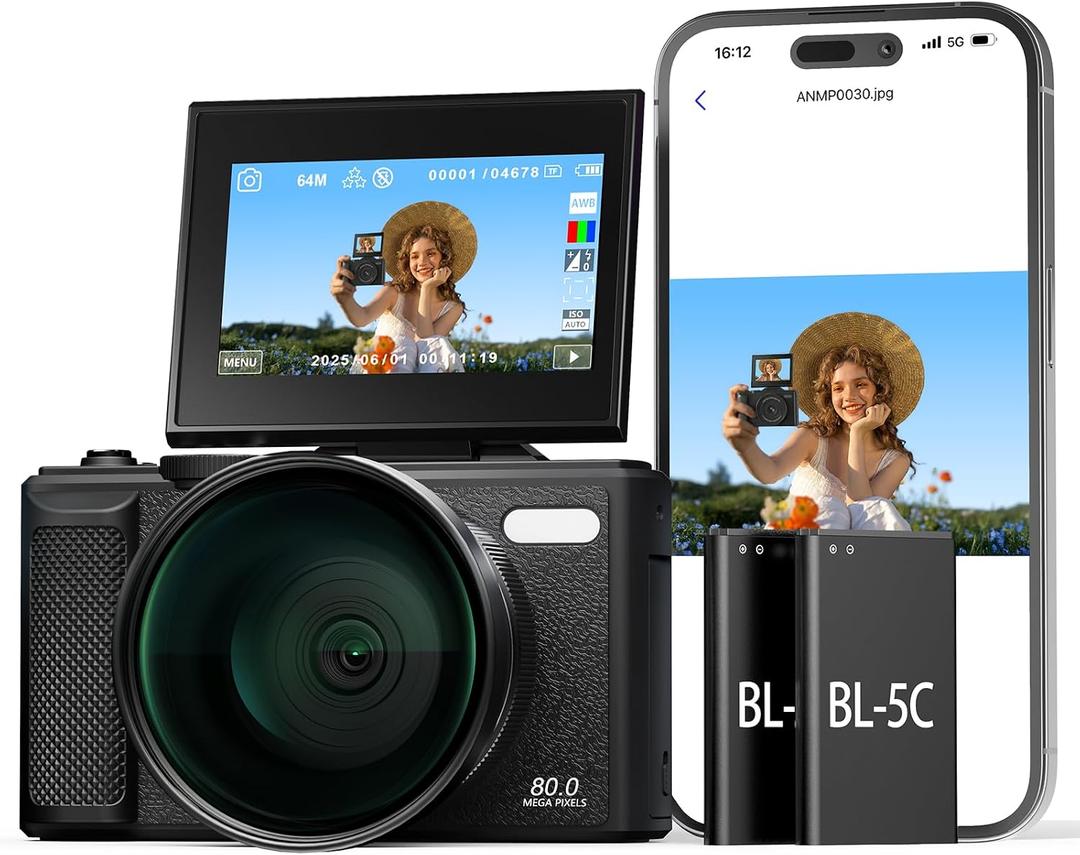 5K Wi-Fi Digital Camera for Photography, 80MP Autofoucs Vlogging Camera for YouTube with 3" 180 Flip Screen, 18X Digital Zoom Travel Camera for Beginner, Teens with 64GB Memory Card 2 Batteries