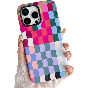 Compatible with iPhone 14 Pro Case,Cute Simple Colorful Checkered Case with Shockproof Slim Soft TPU and Hard PC Protective Covers for Women/Men Designed for iPhone 14 Pro (Colorful 1)