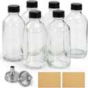 6 Pack, 4 oz Small Clear Glass Bottles with Lids & 2 Stainless Steel Funnels - 120ml Boston Sample Bottles for Potion, Juice, Wellness, Ginger Shots, Whiskey, Liquids - Mini Travel Essential Bottles