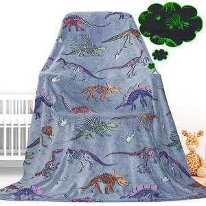Gdindff Glow in the Dark Dinosaur Blanket for Boys, Dinosaur Toys for 3 4 5 6 7 Year Old Boys, Kindergarten Graduation Gifts for Kids, Cute Dino Gifts Room Decor, Soft Fleece Toddler Blanket 50"x60" (Fluorescent)