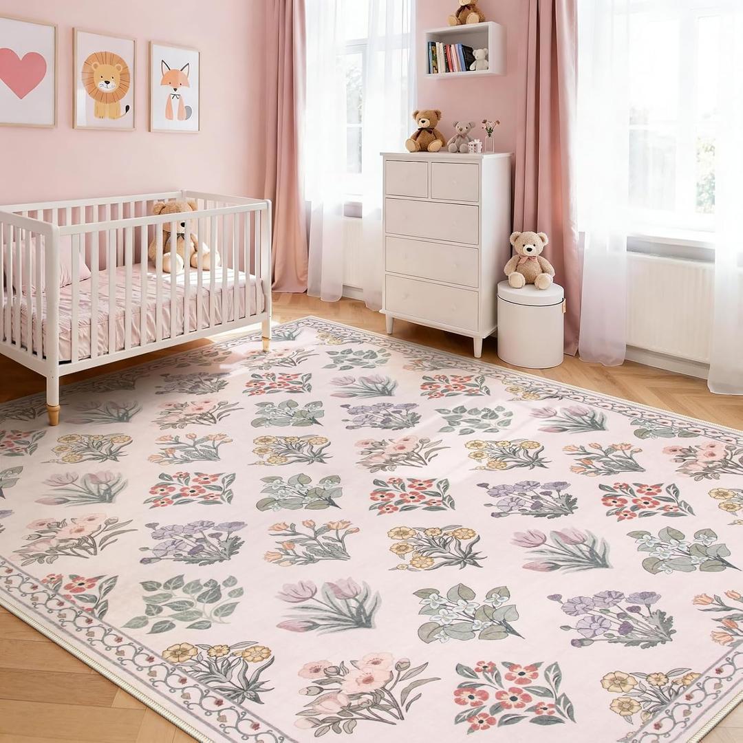 Wonnitar 8x10 Washable Rug, Pink Rugs for Girls Bedroom Decor, Boho Ultra-Thin Non Slip Soft Moroccan Floral Large Carpet for Living Room Baby Nursery Kids Playroom, Pale Pink