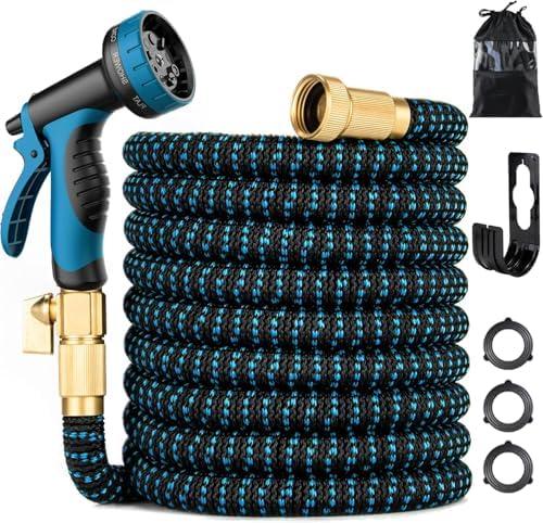 100 ft Expandable Garden Hose - Kink Free Flexible Water Hose 100ft with 10 Pattern Spray Nozzle, 3/4 Solid Brass Connectors, Retractable Latex Core - Lightweight Expanding Hose