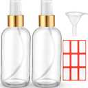 Fumete 2 Pack Glass Bottles 4oz Empty Refillable Liquid Containers with 1 Label 1 Funnel for Essential Oils Hair Travel Plants Cleaning Skin Care(Clear, Golden Top,Mist Bottle)