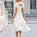 Linsery Women's Summer Square Neck Short Puff Sleeve Casual Smocked Flowy A Line Tiered Split Midi Dress (White, XL)
