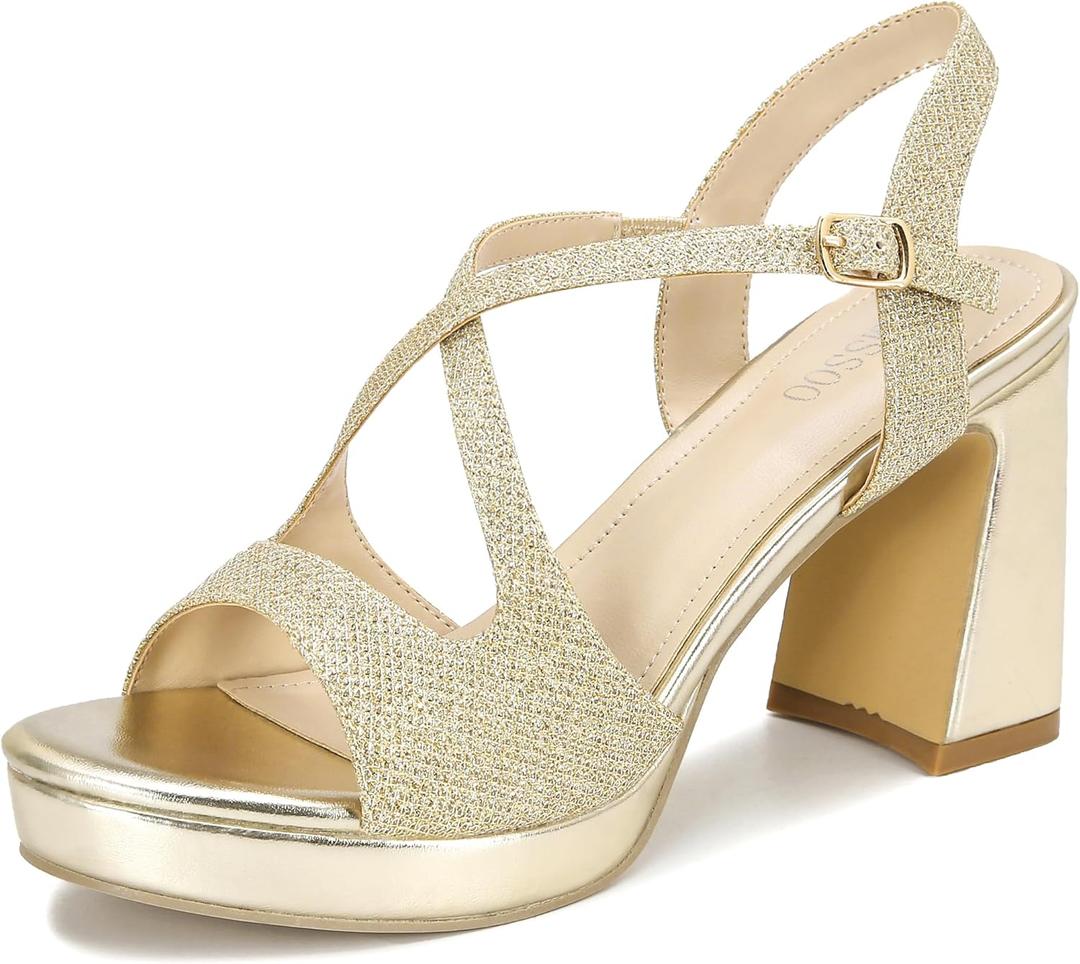 CAMSSOO Platform Heels for Women Open Toe Strappy High Chunky Sandals Ankle Strap High Heeled Party Wedding Prom Dress Shoes 3.55 Inches