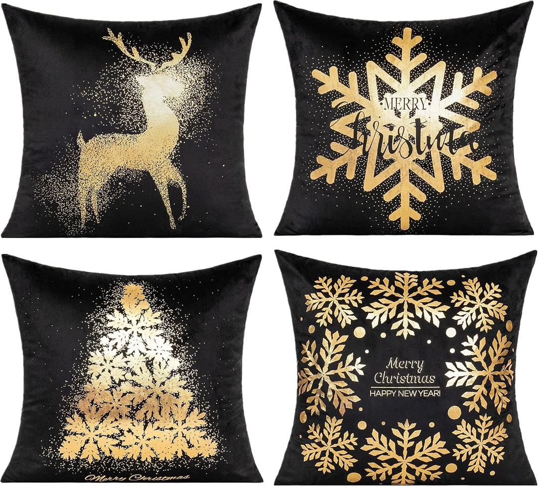 All Smiles Black Christmas Gold Throw Pillow Covers Xmas Cases Decorations 18X18 Set of 4 Dcor Indoor Home Soft Velvet Decorative Navidad Cushion for Sofa Couch Tree Snowflake Reindeer