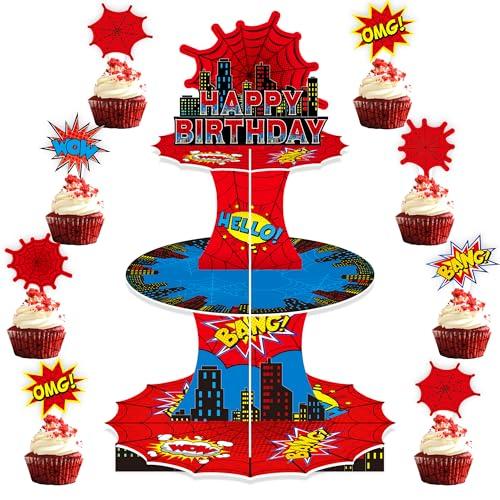 KMZFPYJ Spider web Birthday Party Supplies, 3 Tier Spider web Cupcake Stand Superhero Party Decorations Supplies for Kids Boys Themed Birthday Decorations