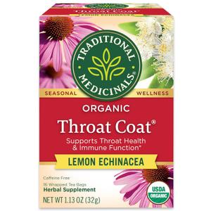 Traditional Medicinals, Organic Throat Coat Lemon Echinacea - Supports Throat Health - Kosher, Non-GMO, Caffeine-Free, Compostable, 16 ct, 01/2029