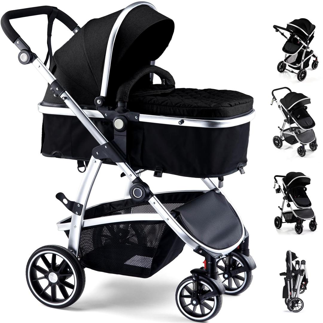 Hagaday Baby Stroller, 2-in-1 Reversible Toddler Seat with Bassinet Mode, Foldable Infant Stroller with Canopy, One Button Brake, Adjustable Handle, Newborn Pushchair(Black)