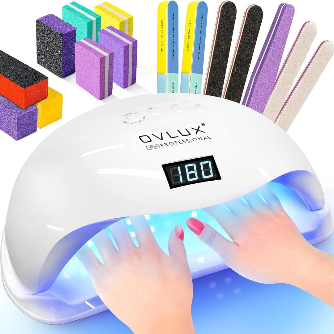 OVLUX 180W UV LED Nail Lamp  Professional Gel Nail Dryer with 57 LEDs, Auto Sensor & LCD Display, Fast Nail Polish Dryer for Gel Polish, UV Light for Gel Nails, All Gel Types, Adapter Included (White)