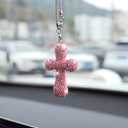 Bling Car Hanging Ornament, Double-Sided Cross Crystal Rhinestone Vehicle Rear View Mirror Charm, Cute Diamond Rearview Mirror Pendant, Universal Auto Interior Accessories (Pink)