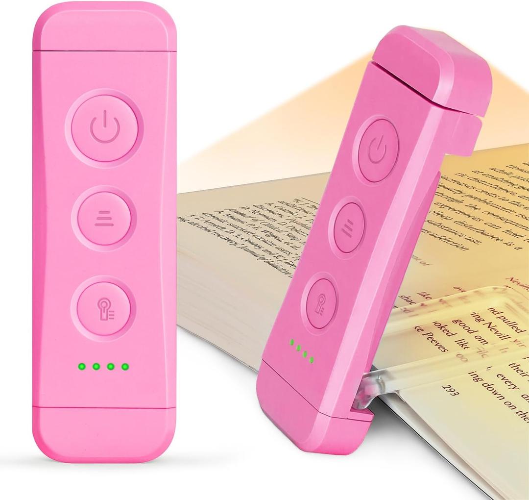 Glocusent USB Rechargeable Book Light, Portable Clip-on LED Reading Light, Reading Lights for Books in Bed with 3 Amber Colors & 5 Brightness Dimmable, Compact & Long Lasting, Perfect for Book Lovers (Pink)