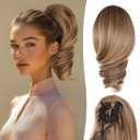Claw Clip Ponytail Extension - 12 Inch Curly Ponytail Extension, Wavy Pony Tails Hair Extensions, Synthetic Hair Extensions Ponytail, Clip On Ponytails for Women (Dark Ash Blonde With Golden Ends)