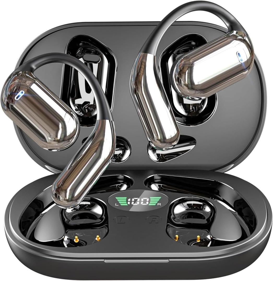 Open Ear Bone Conduction Bluetooth 5.4 Headphones,Wireless Earbuds Built-in Mic Sport Over Earphones with Comfort Ear Hooks LED Display Charging Case,Waterproof IPX7 Headset for Running Fitness,Black