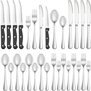 24 Pcs Silverware Set with Steak Knives Service for 4,Stainless Steel Flatware Set,Mirror Polished Cutlery Utensil Sets,Home Kitchen Eating Tableware Sets,Include Fork Knife Spoon,Dishwasher Safe 24 Pcs Silverware Set with Steak Knives Service for 4,Stainless Steel Flatware Set,Mirror Polished Cutlery Utensil Sets,Home Kitchen Eating Tableware Sets,Include Fork Knife Spoon,Dishwasher Safe
