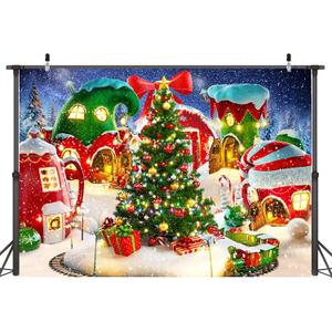 Cartoon Christmas Village Photography Backdrop Winter Snow 10x8 FT Christmas Candy House Photography Backdrops Xmas Tree Decor Background Kids Party New Year Party Decoration Banners (GREEN-Fairy house)