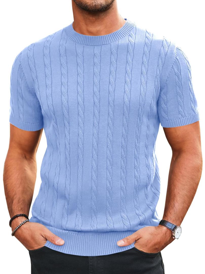 Runcati Mens Knit Short Sleeve T Shirts Casual Crewneck Slim Fit Shirt Cable Knitted Stretch Pullover Tees Sky Blue (Blue)