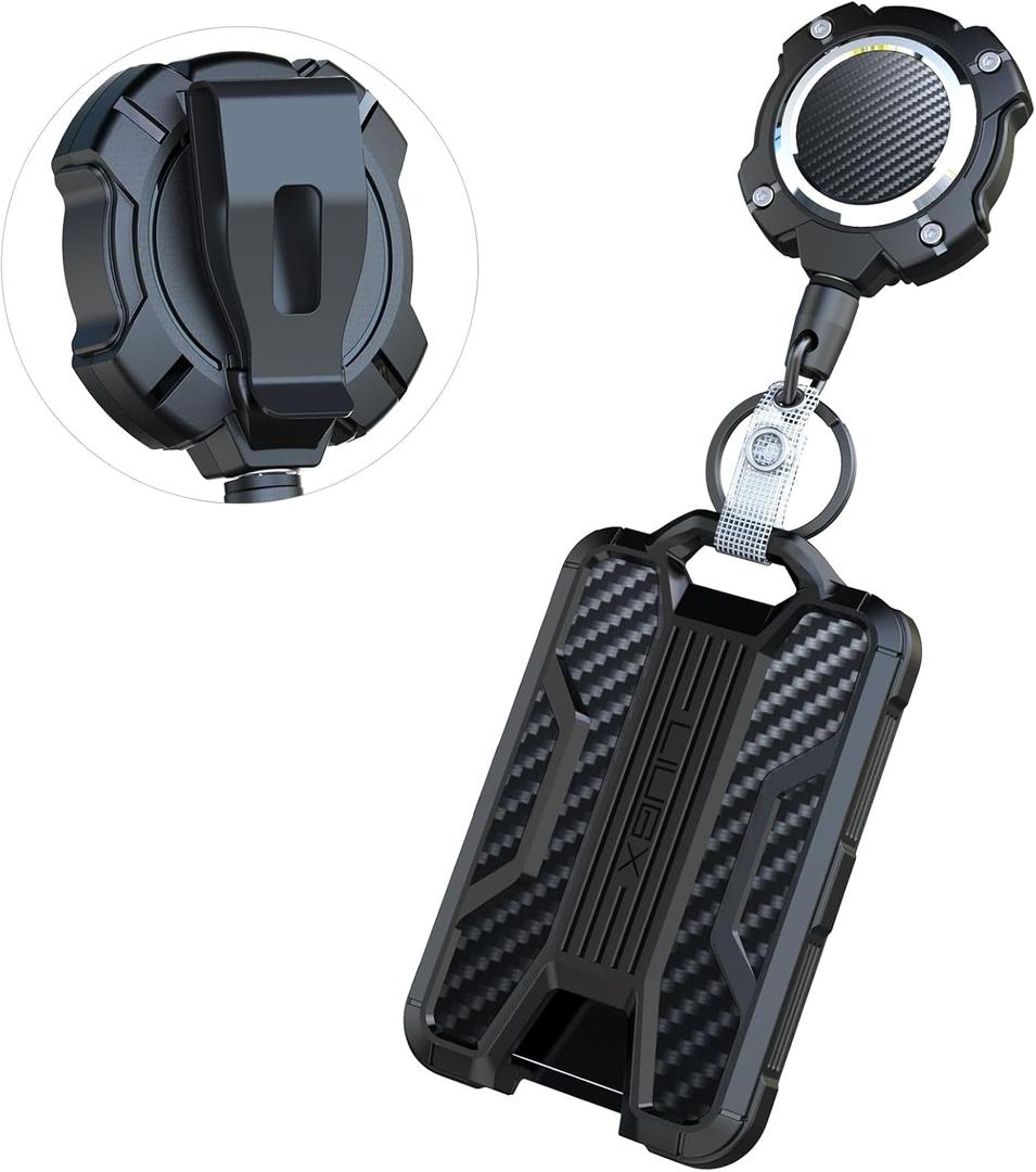 LIUGX Retractable Badge Holder with Belt Clip, Heavy Duty Carabiner Keychain,Durable ID Card Holder (Holds 4 Cards), Carbon Fiber-Texture, with 31.5Badge Reel Key Chain, 10,000+ Rebound, Silver-Black