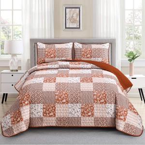 Mybedsoul Burnt Orange Quilt Set King Size, 3 Pieces Boho Plaid Terracotta Floral Bedspread Set Microfiber Lightweight Bohemian Bedding Bedspread Coverlet Set for All Season 90"x104"