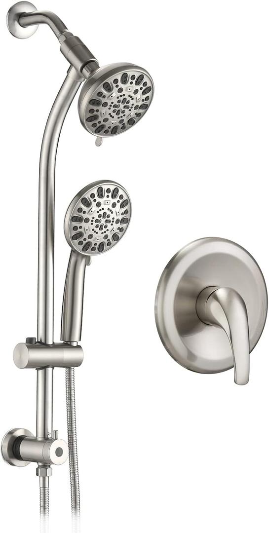 Instant-Mount Drill-Free Height/Angle Adjustable 2-Way Shower Head/Handheld Showerhead Slide Bar Combo (Brushed Nickel), Head Size: 5 inches