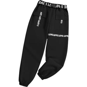 Hilinker Girls Cargo Pants Loose Hip Hop Dance Pants Elastic Waist Letters Jogger Pants (13-14 Years, Black)