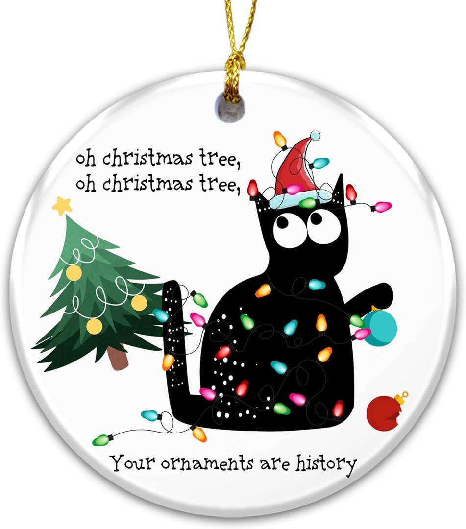 3 x Funny Black Cat Ornament 2025  White Elephant Gift, Oh Christmas Tree, Your Ornaments are History  Ceramic Holiday Decoration with Black Cat in Lights  Pet Lover Gift and Funny Xmas Tree Dcor