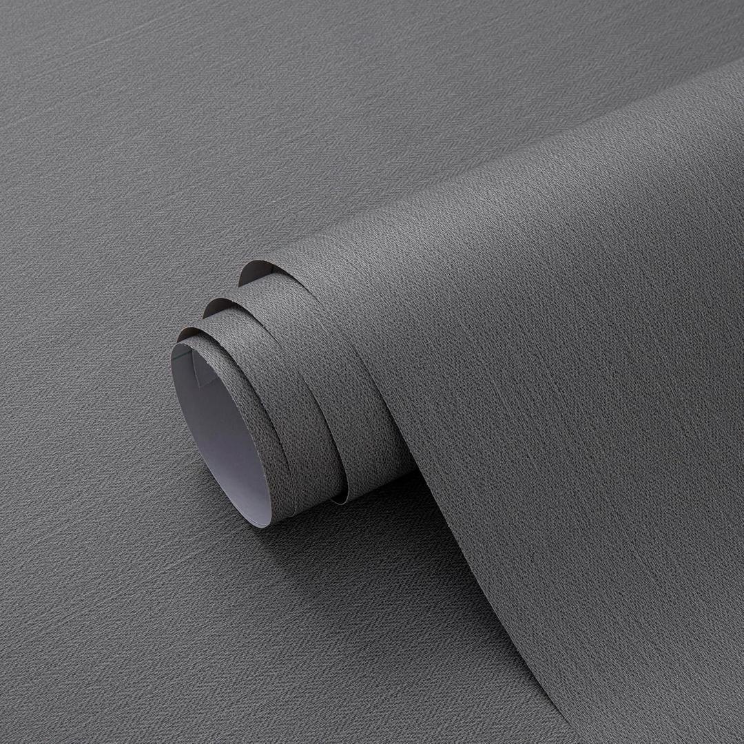 24"x393" Grey Grasscloth Peel and Stick Fabric Textured Contact Paper Linen Wallpaper Vintage Matte Frosted Waterproof Flax Wallpaper for Bedroom Bathroom Kitchen (Dark Gray)