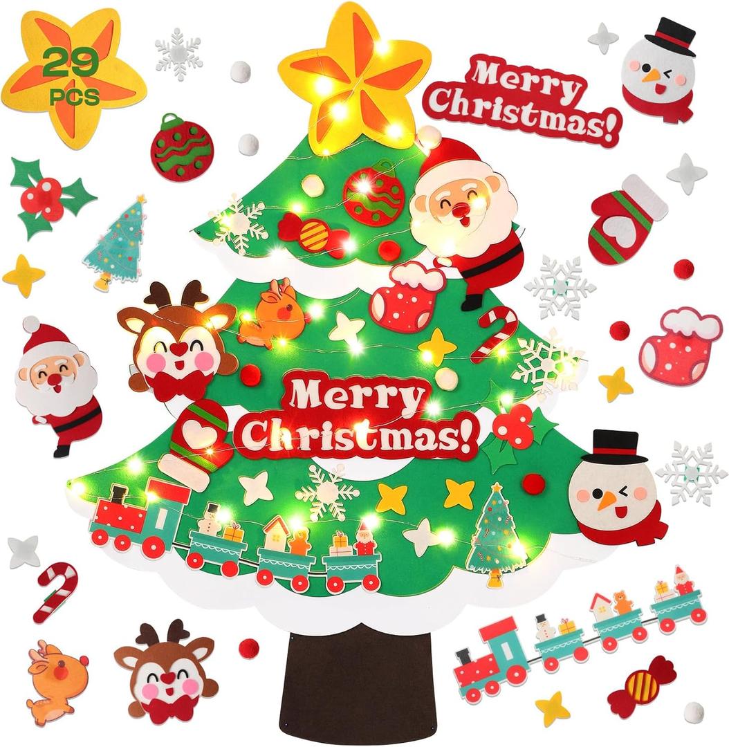 TOBEHIGHER 3Ft DIY Felt Christmas Tree for Kids, 29pcs Detachable Ornaments Toddler Wall Hanging Christmas Tree with String Light (Batteries not Included) (Small, Three layers of snow edge)