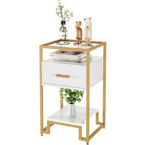 Senfot White and Gold Nightstand, End Table with Storage Drawer and 3-Tier Storage & Tempered Glass Top, Bedside Furniture with Steel Frame, Side Table for Bedroom, Dorm, Easy Assembly