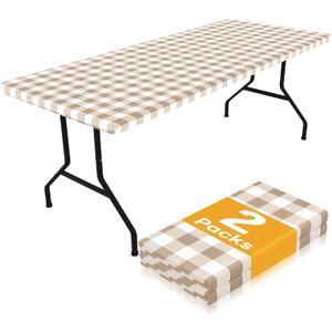 Smiry Picnic Table Cloth 2 Pack, Waterproof Elastic Fitted Tablecloths for 6FT Rectangle Tables, Washable Polyester Buffalo Plaid Tablecloth for Camping, Dining & Outdoor (Khaki & White, 30" x 72")