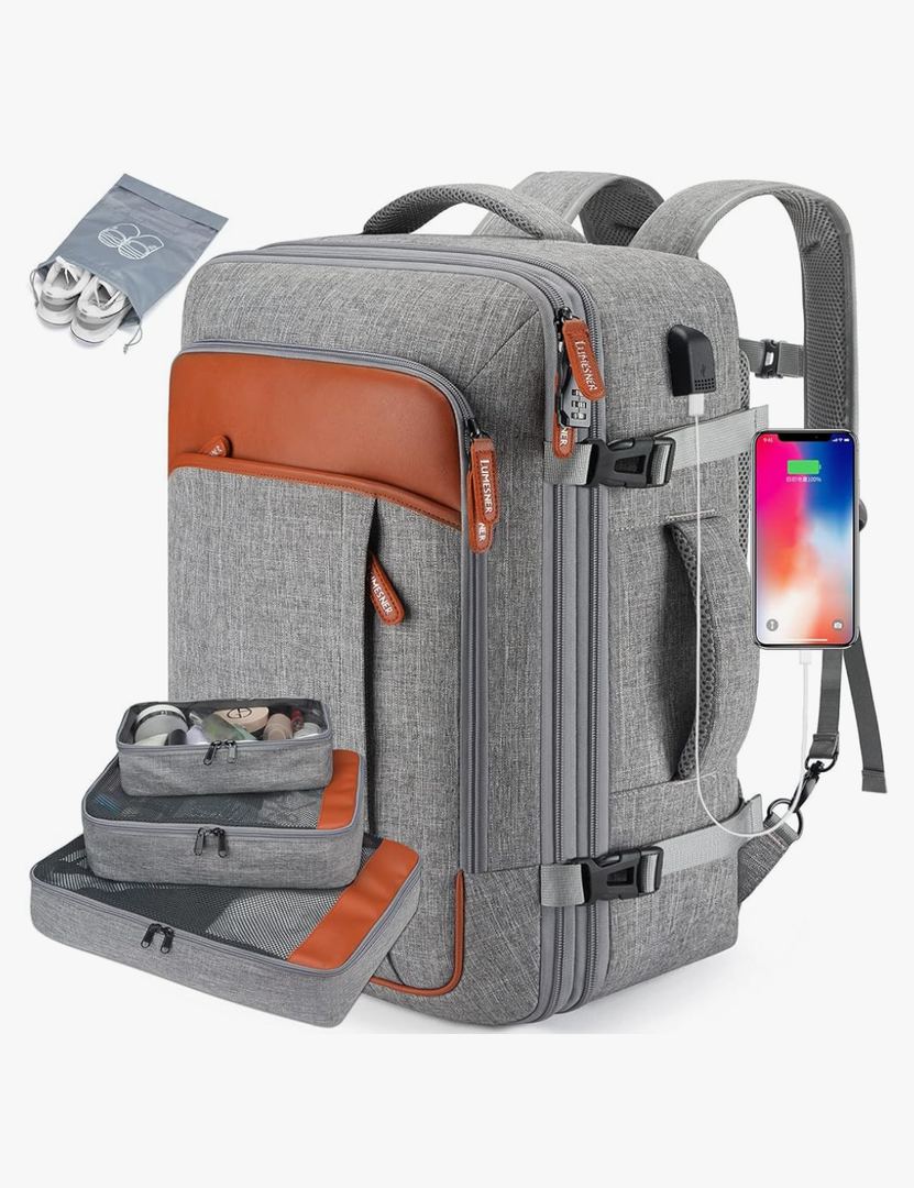 Carry on Travel Backpacks, Extra Large 40L Flight Approved Bag for Men & Women,Expandable Suitcase Backpack With 4 Packing Cubes,Water Resistant Luggage Daypack Business Weekender Bag,Grey